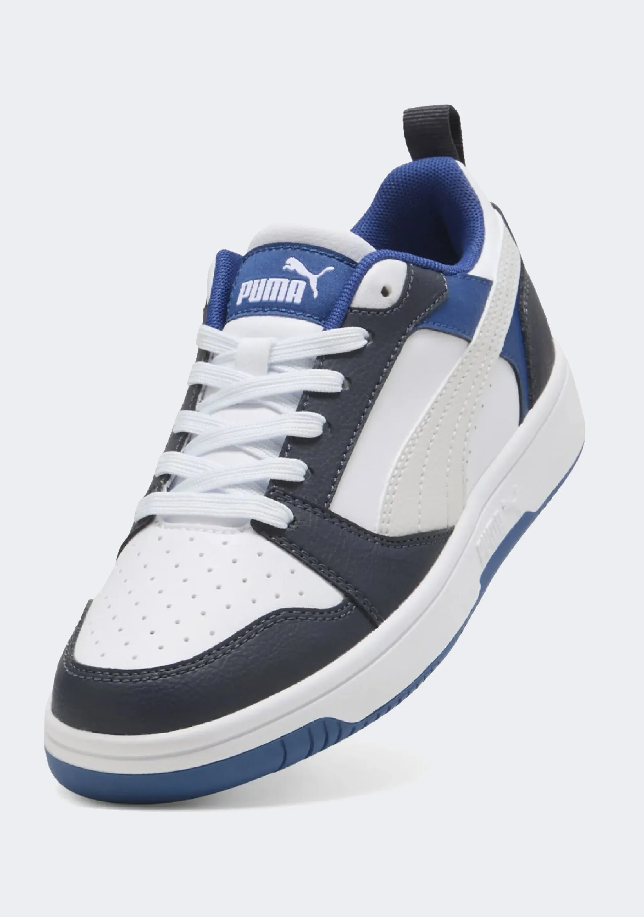 Puma Kid's Rebound V6 White/Blue/Black Sneaker Shoes Puma Galaxy Basketball Shoes