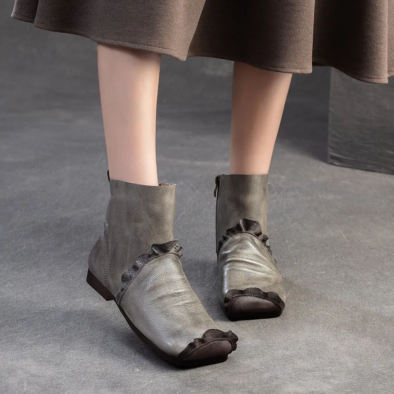 Women Vintage Solid Leatherrr Flat Soft Ankle Boots Cute Duck Rain Boots