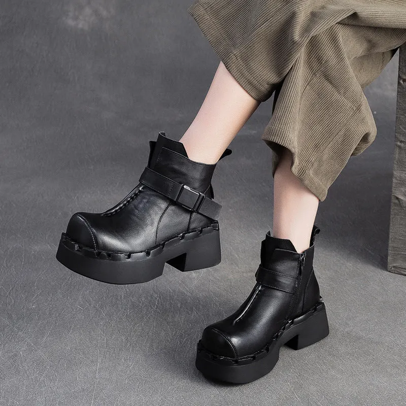 Boots Stores Near Me Women's Vintage Leather Buckle Platform Ankle Boots
