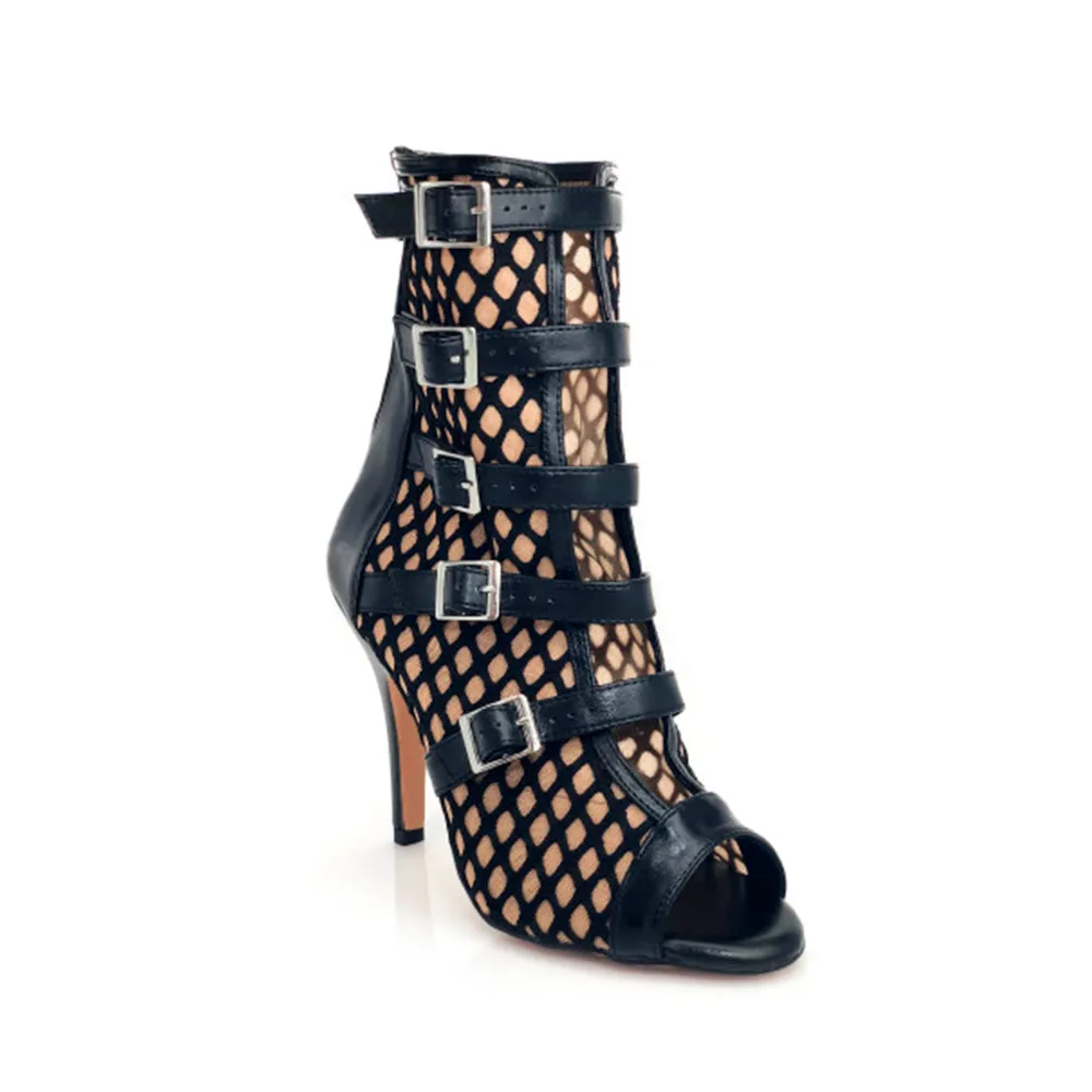 Riley - Fishnet with Buckle Straps Latin Dance Boots (Street Sole) Slip On Rain Boots