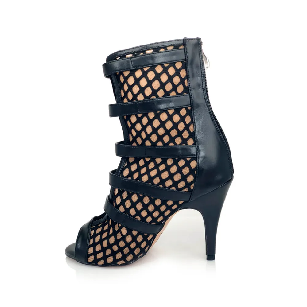 Riley - Fishnet with Buckle Straps Latin Dance Boots (Street Sole) Ruby Studded Boots We101