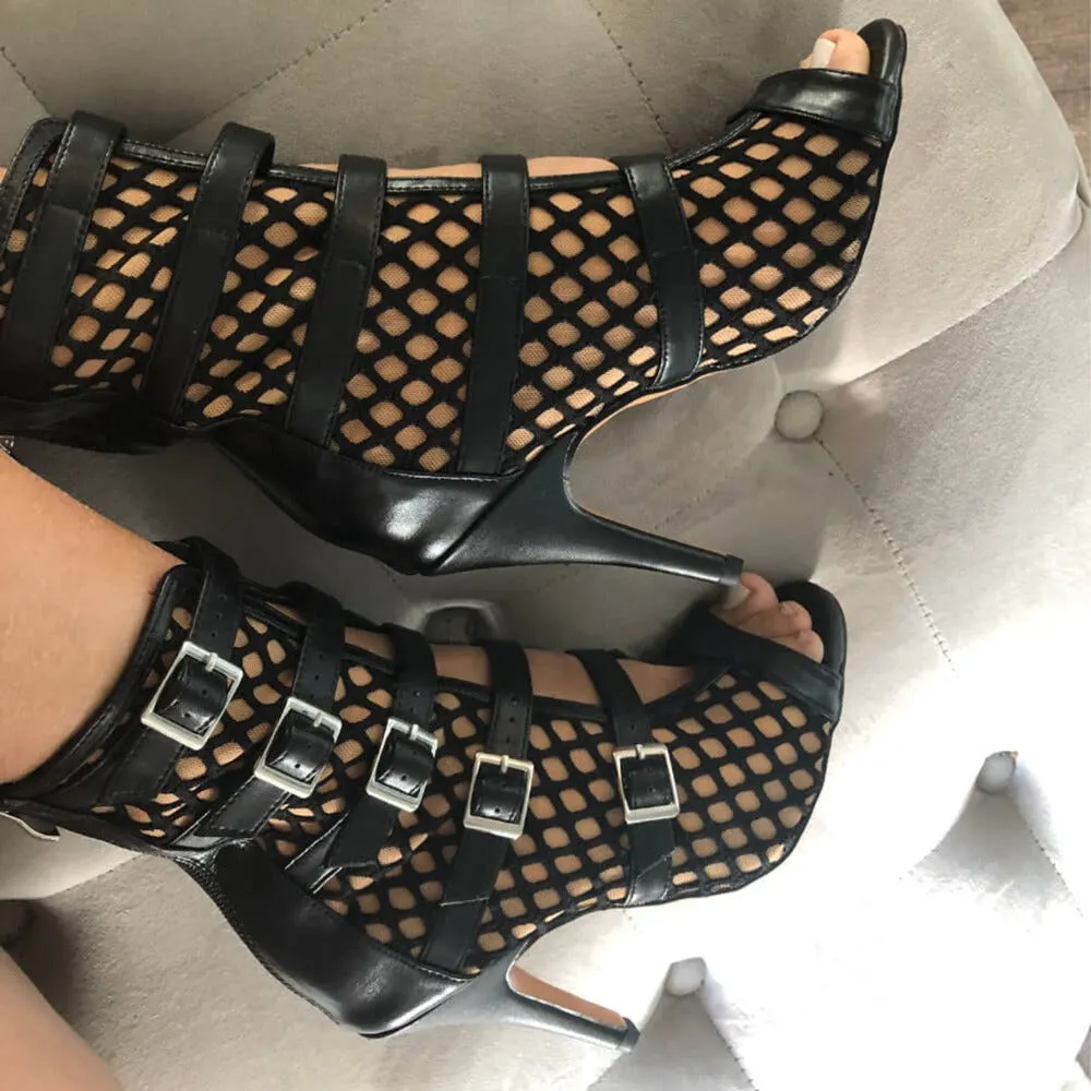 Booties Riley - Fishnet with Buckle Straps Latin Dance Boots (Street Sole)