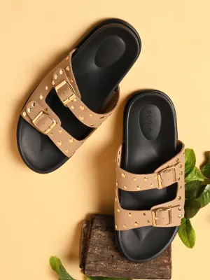 Rocia By Regal Beige Women Gold Studded Flats Cute Bedroom Slippers