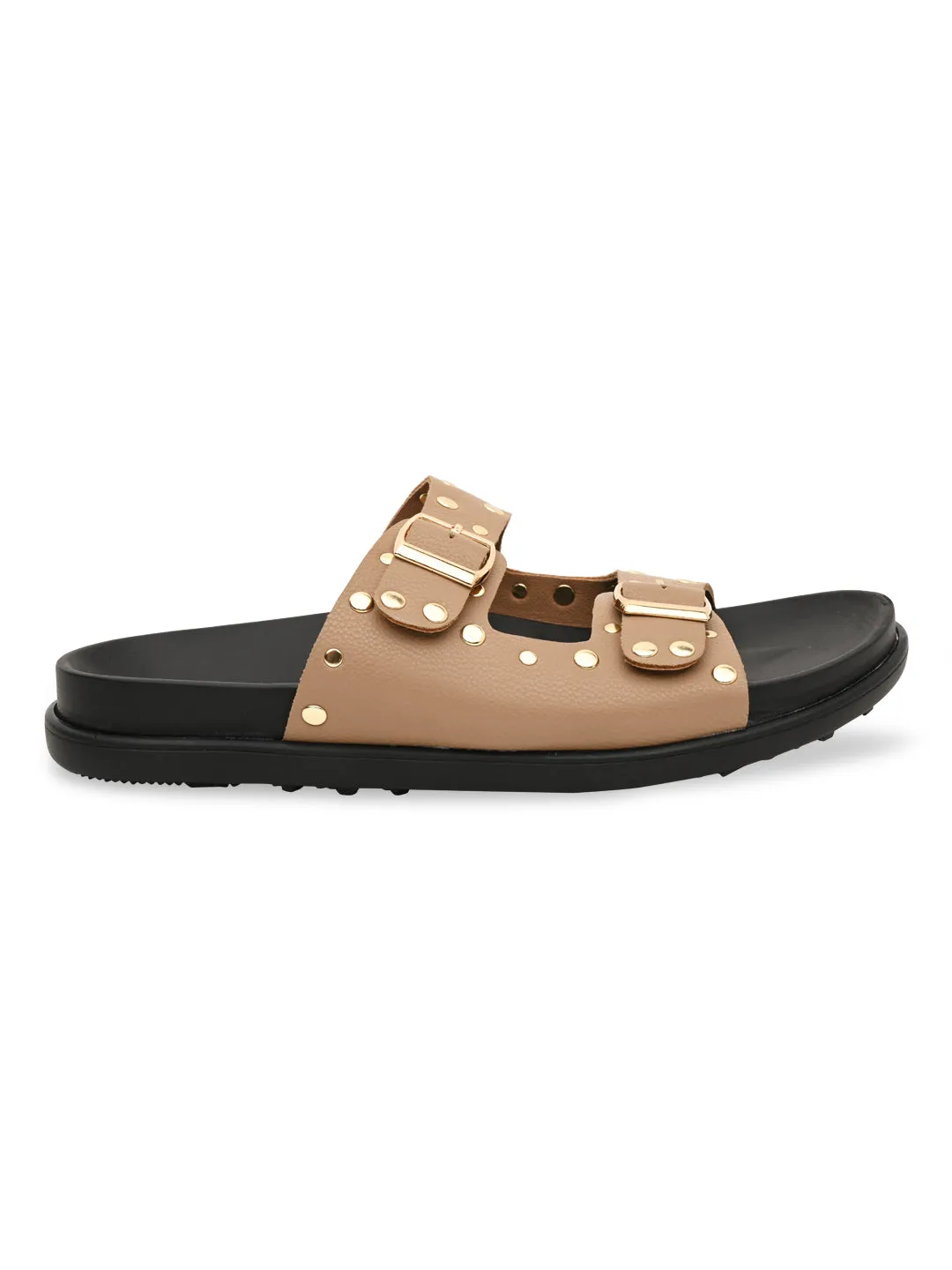 Rocia By Regal Beige Women Gold Studded Flats Slide Bottoms