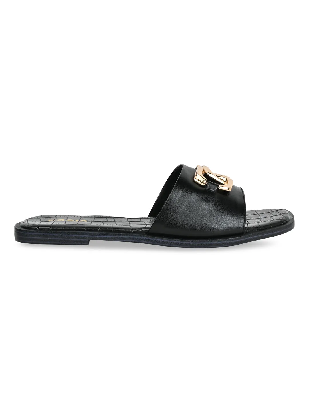 Rocia By Regal Black Women Buckled Sliders Slide Double Strap