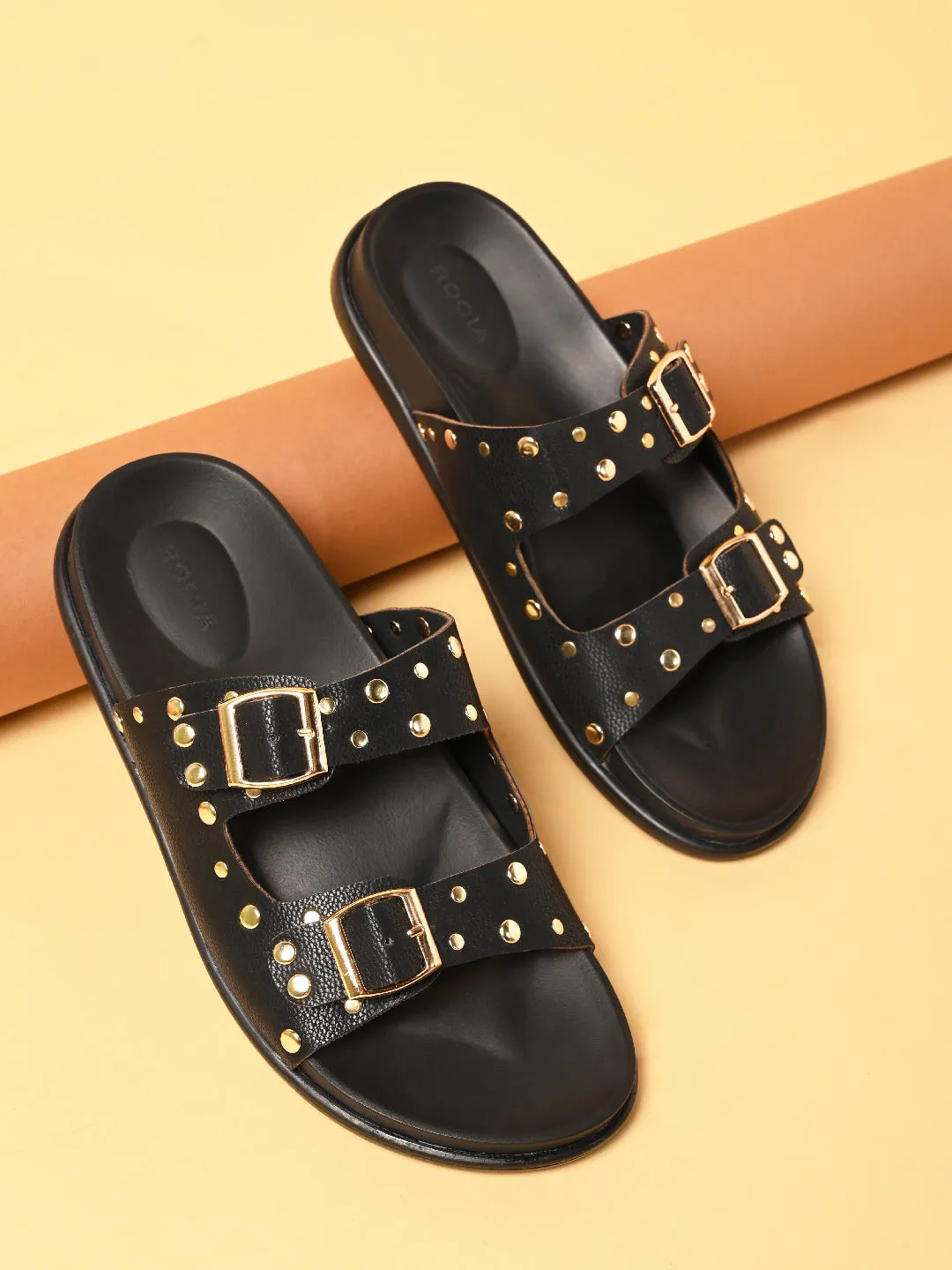 Rocia By Regal Black Women Gold Studded Flats The Gathering Slippers