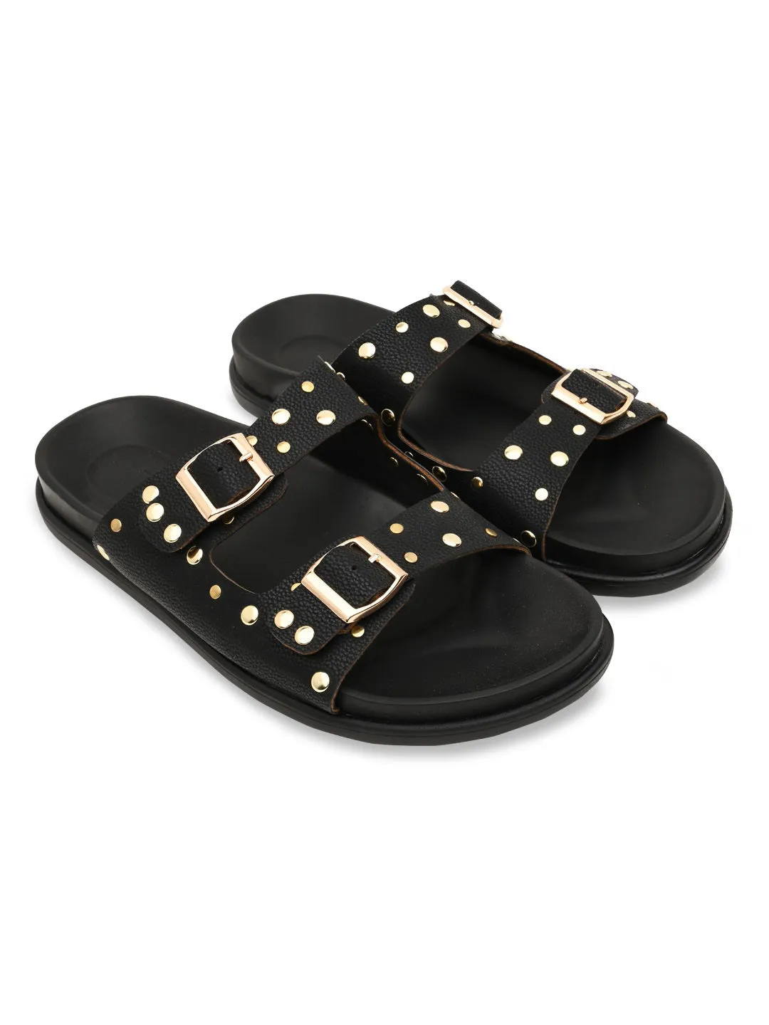 Dance Slippers Rocia By Regal Black Women Gold Studded Flats