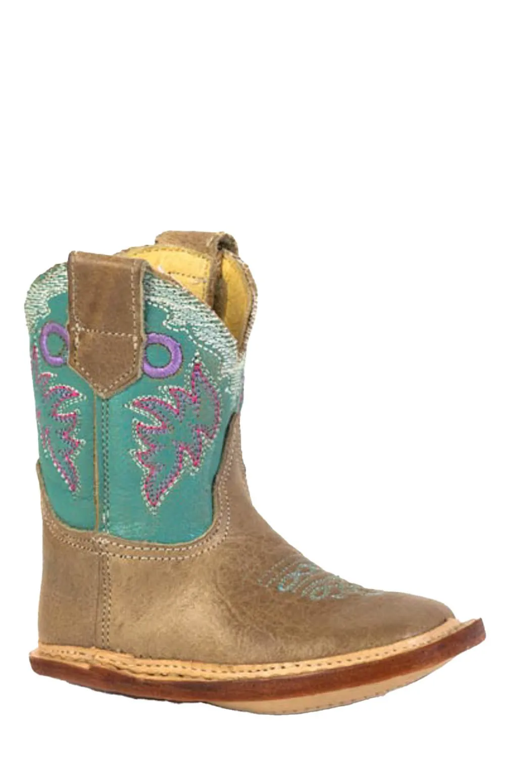 Roper Infant Girls Cowbabies Karli Tan/Turquoise Leather 3.5in Cowboy Boots Boots Over Knee