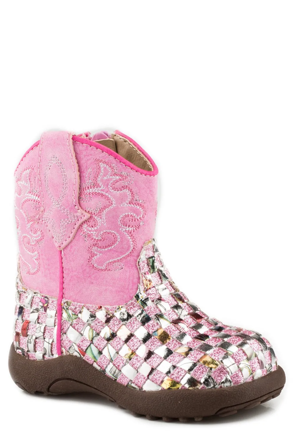 Roper Infant Girls Cowbabies Western Braid Pink Multi Faux Leather Cowboy Boots Smoky Mountain Boots