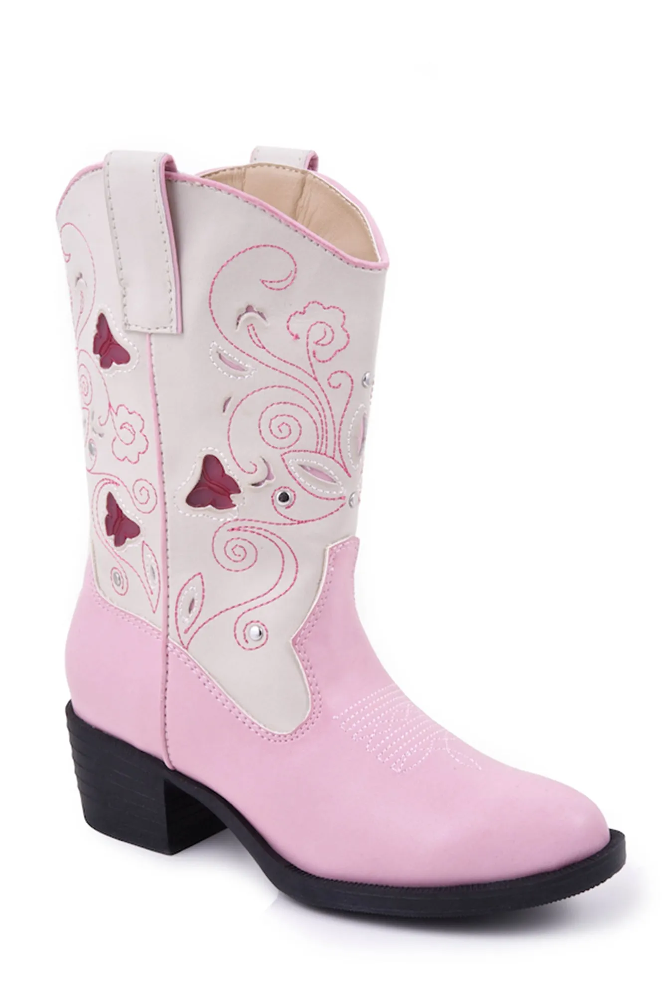 Roper Kids Girls Butterfly Pink/White Faux Leather Cowboy Boots Cowboy Boots With Leopard Print