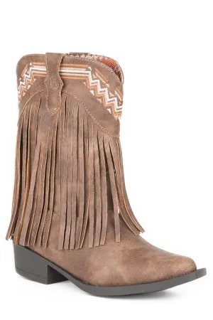 Leather Ankle Boots Roper Kids Girls Fringes Brown Faux Leather Cowboy Boots