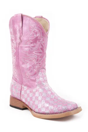 Roper Kids Girls Glitter Check Pink Faux Leather Cowboy Boots Dryshod Boots