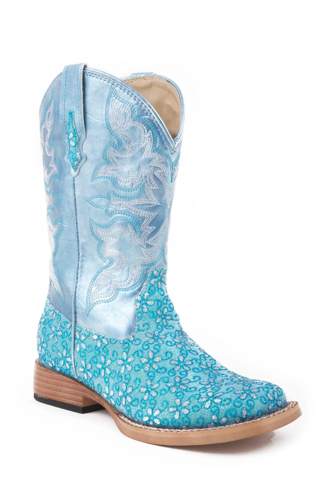 Roper Kids Girls Glitter Flower Turquoise Faux Leather Cowboy Boots Soft Ride Horse Boots