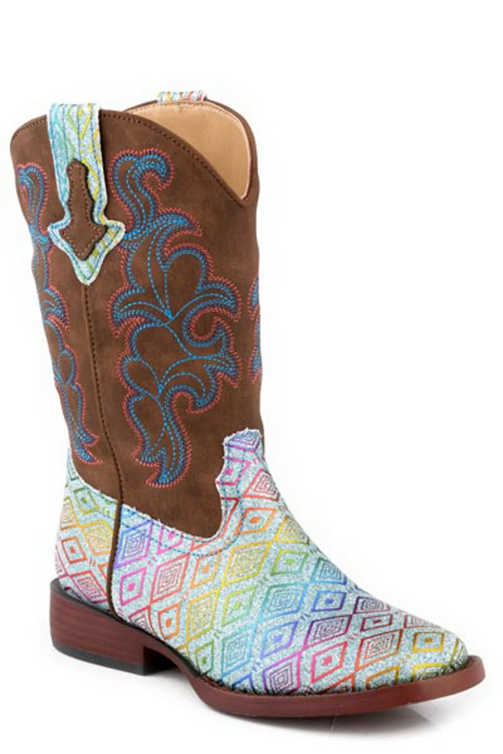 Roper Kids Girls Glitter Maya Blue/Brown Faux Leather Cowboy Boots Snow Boots For Sale