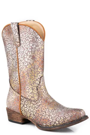 Roper Kids Girls Riley Leopard Tan Faux Leather Cowboy Boots Heeled Boots