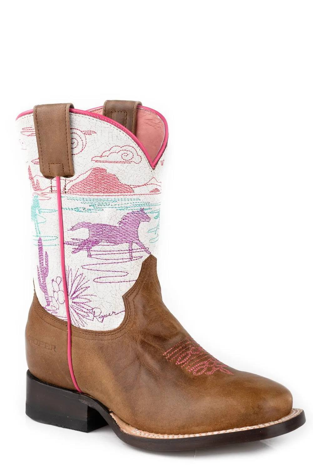Roper Kids Girls Running Free Brown/Pink Leather Cowboy Boots Dr Chelsea Boots