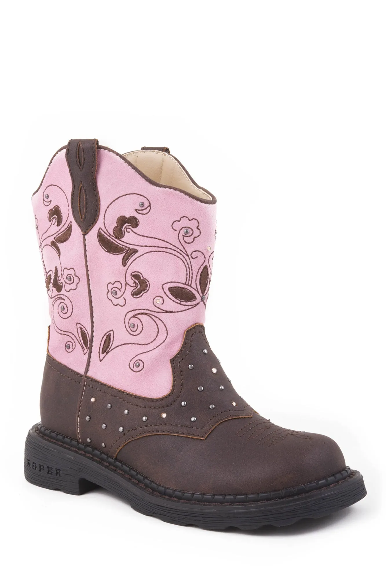 Cowboy Boots Roper Kids Girls Saddle Light Brown/Pink Faux Leather Cowboy Boots