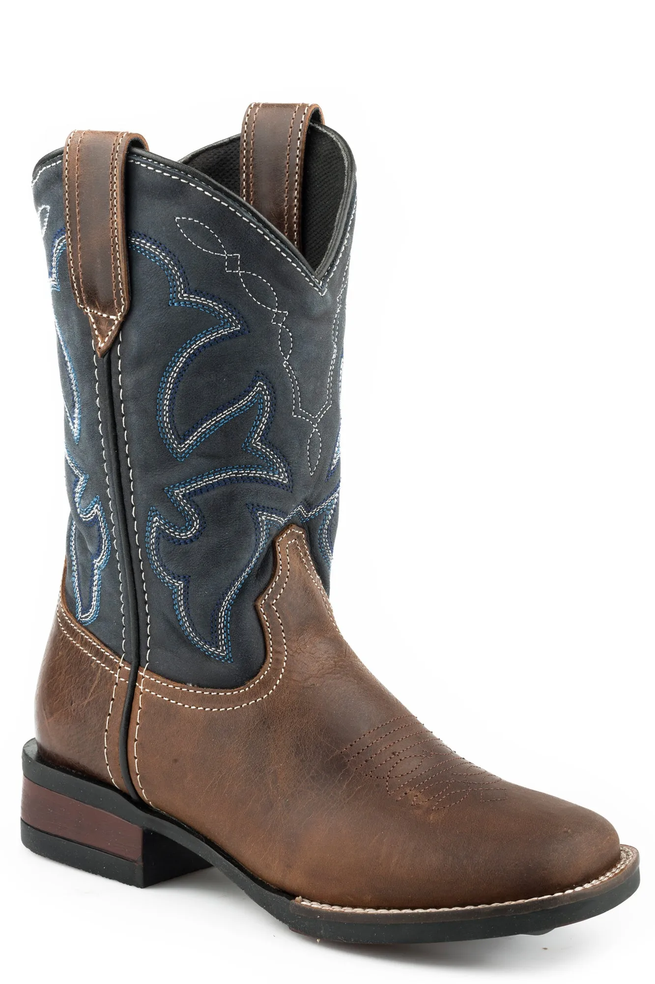 Roper Kids Unisex Monterey Dark Brown/Navy Leather Cowboy Boots Indoor Boots