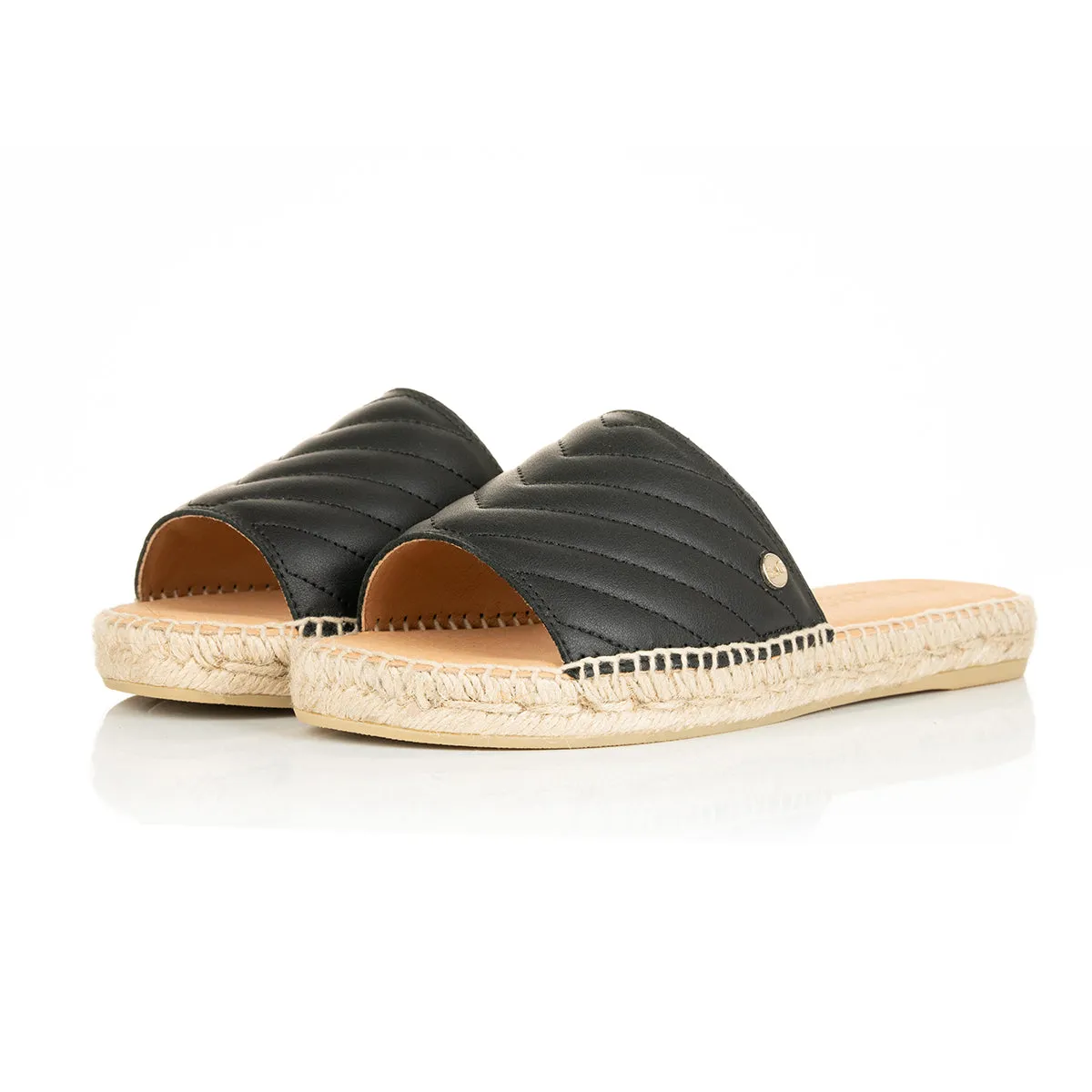Bride Slippers Sarah Wide Fit Espadrille Sandals - Black Quilted Leather