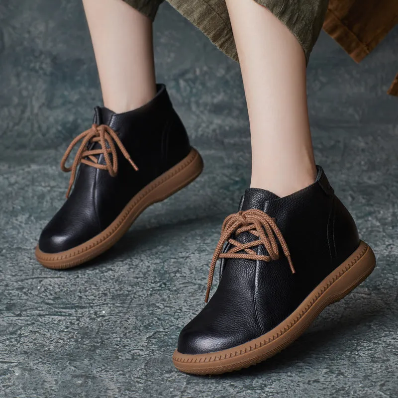 Women Solid Leather Lace-up Flat Ankle Boots Juicy Boots