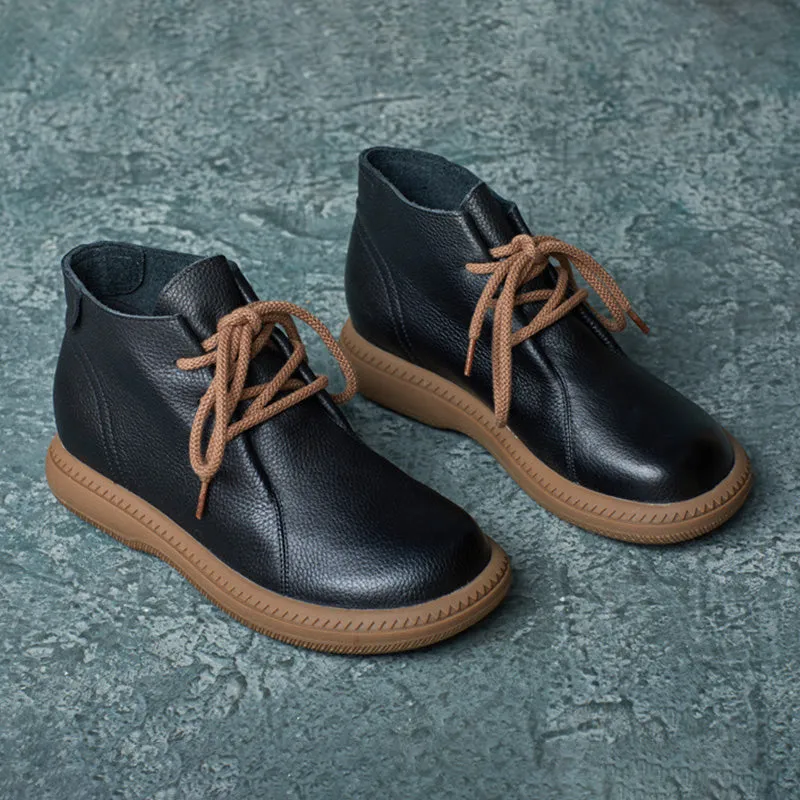Women Solid Leather Lace-up Flat Ankle Boots Boots For Winter
