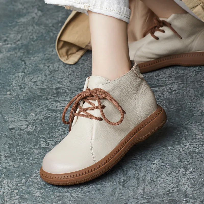 Jeans And Boots Women Solid Leather Lace-up Flat Ankle Boots