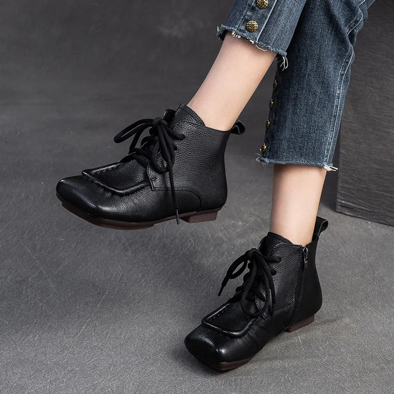 Women Solid Leather Work Soft Flat Ankle Boots Indian Motorcycle Boots