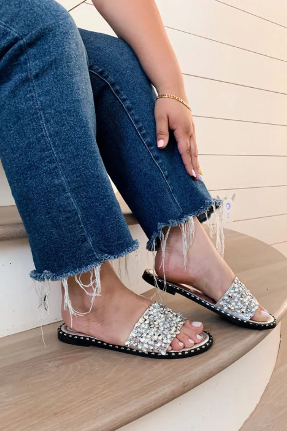 Silver Embellished Sparkly Flat Slider Sandals Wash Slippers With Rubber Soles