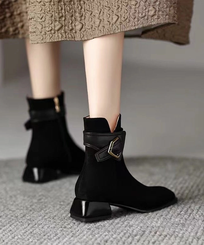 Women Fashion Splicing Chunky Boots Black Suede RD009 Combat Style Rain Boots