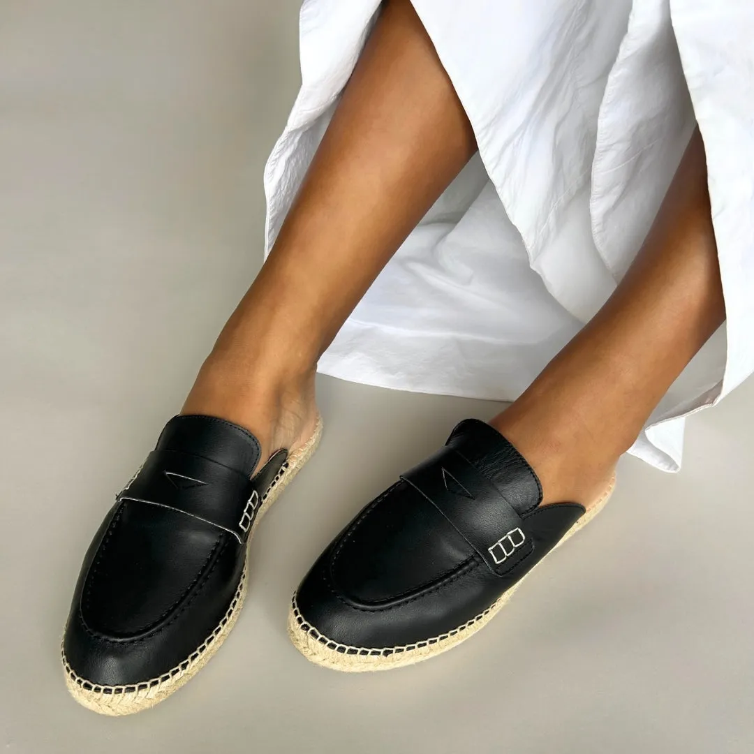 Esme - Wide Fit Espadrille Loafer Sliders - Black Leather Leopard Slide Sandals