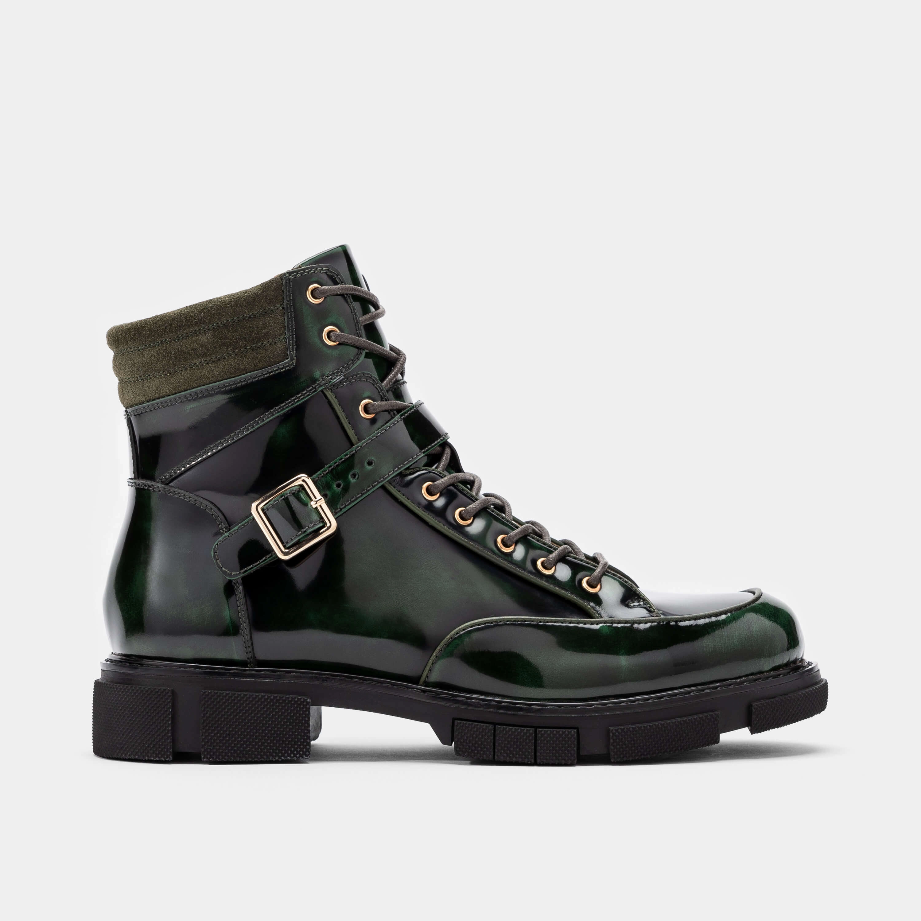 Atlas Dark Green Patent Leather Strap Boots Land Chief Rain Boots