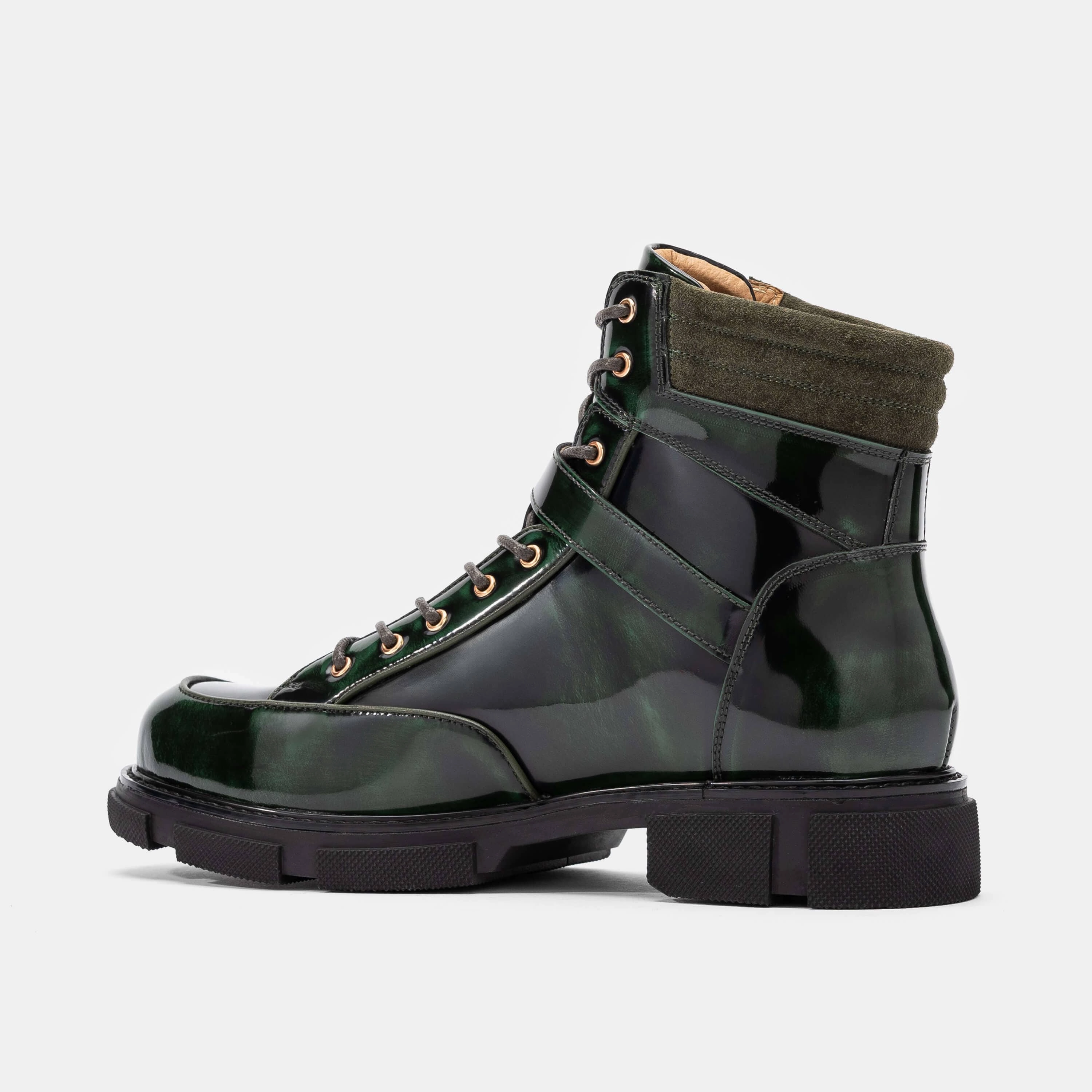 Atlas Dark Green Patent Leather Strap Boots Fireman Rain Boots