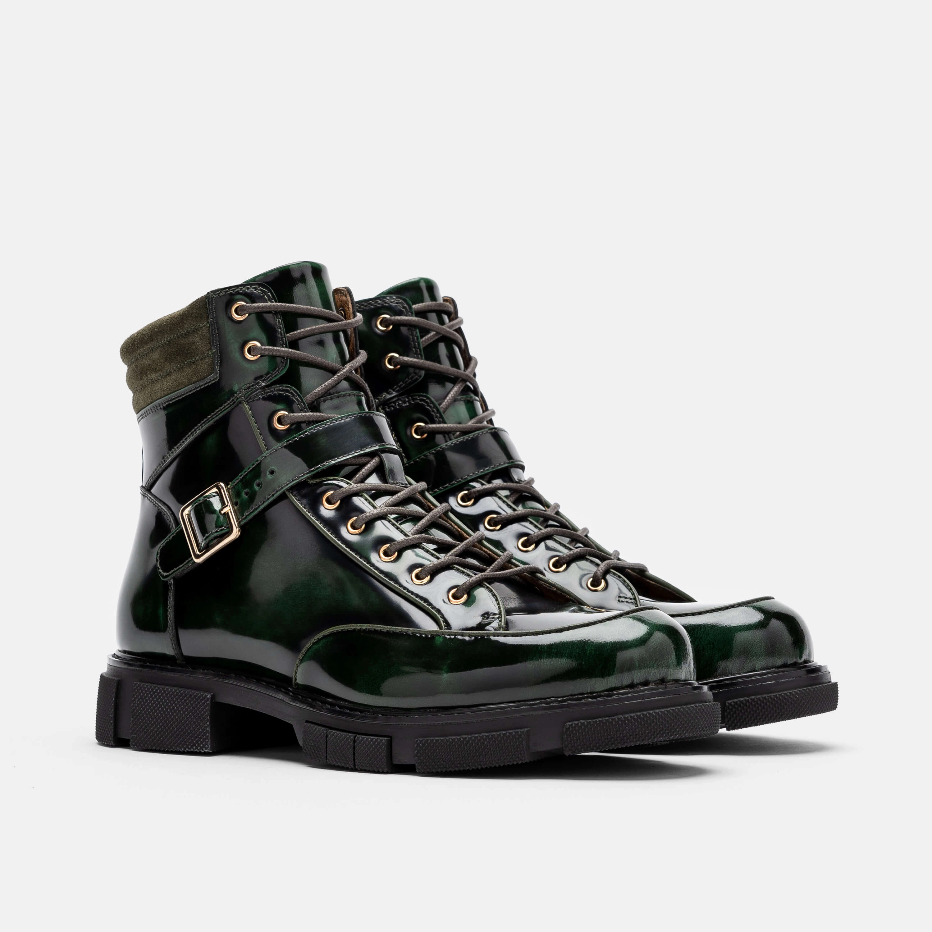 Atlas Dark Green Patent Leather Strap Boots Squeaky Rain Boots