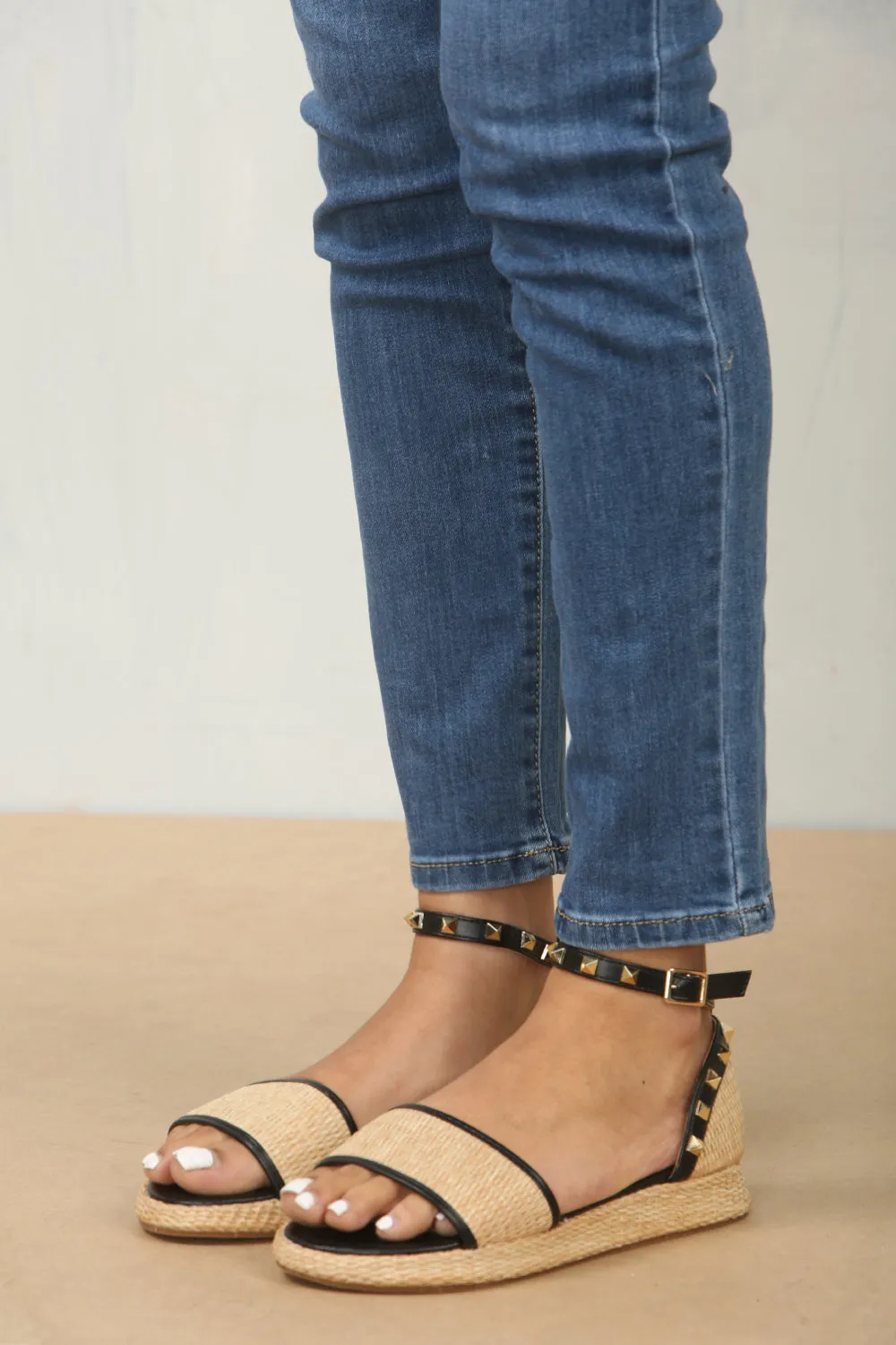 STUDDED RAFFIA CLOSED BACK ANKLE STRAP SANDALS IN BLACK Tasman Platform Slippers