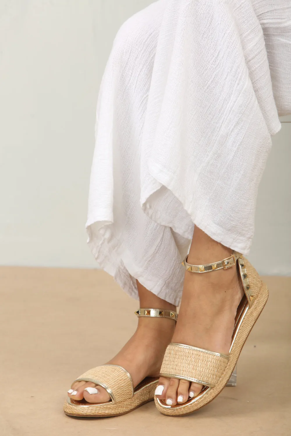 Velvet Slippers STUDDED RAFFIA CLOSED BACK ANKLE STRAP SANDALS IN GOLD