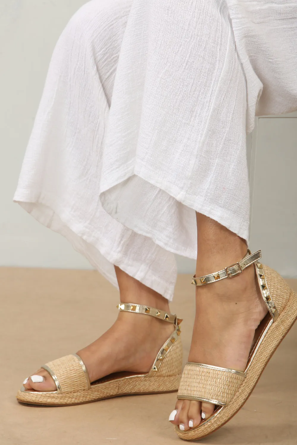 Smiling Slippers STUDDED RAFFIA CLOSED BACK ANKLE STRAP SANDALS IN GOLD