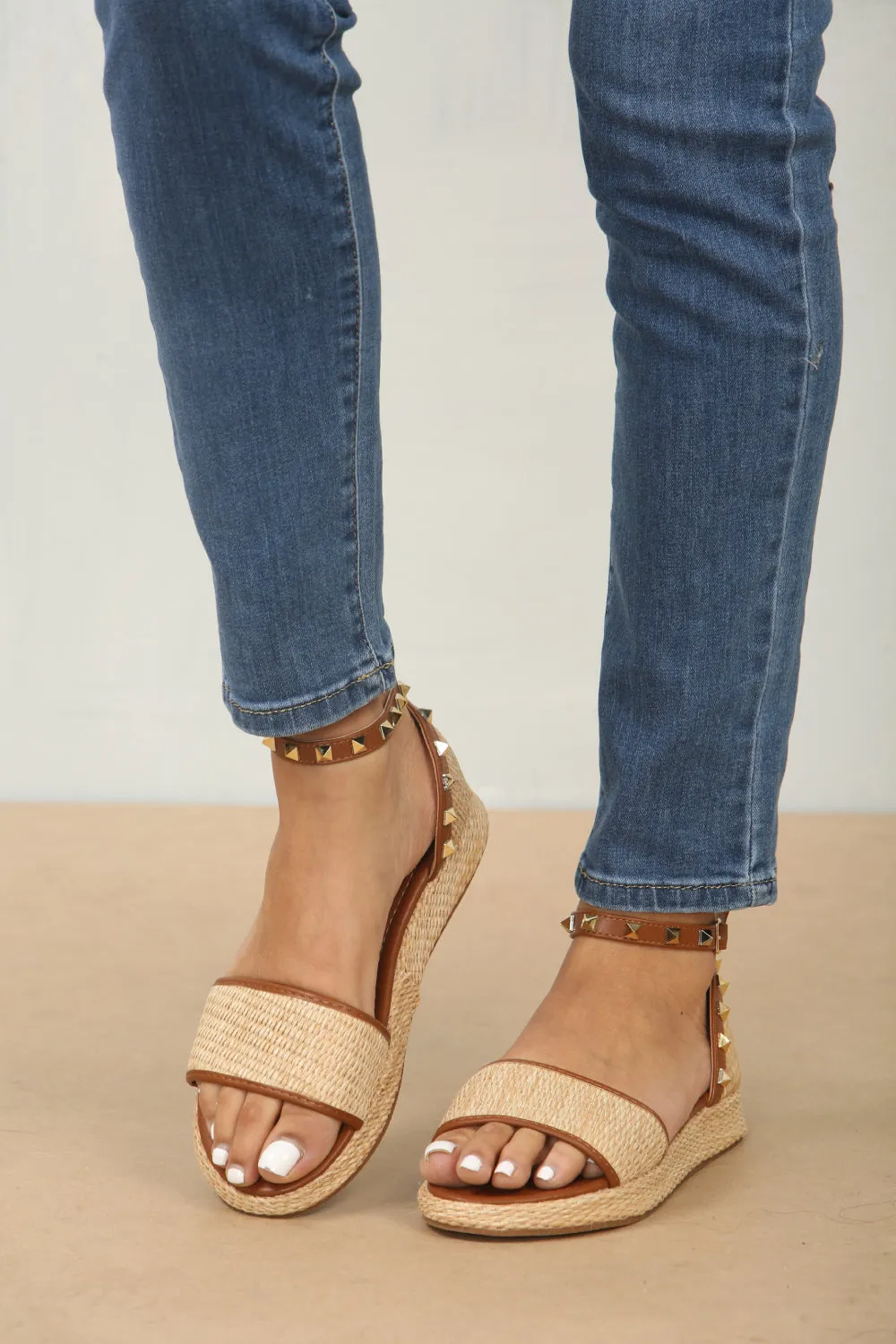 Non Slip Slippers For Elderly Woman STUDDED RAFFIA CLOSED BACK ANKLE STRAP SANDALS IN TAN