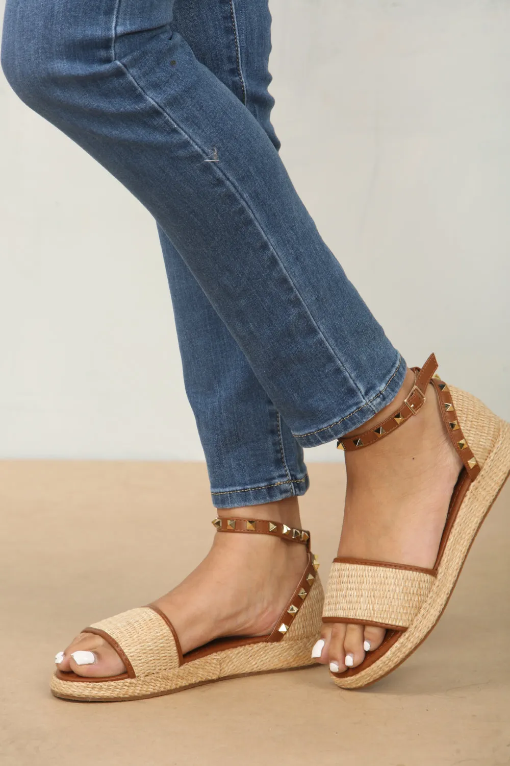 STUDDED RAFFIA CLOSED BACK ANKLE STRAP SANDALS IN TAN Gemma Slippers