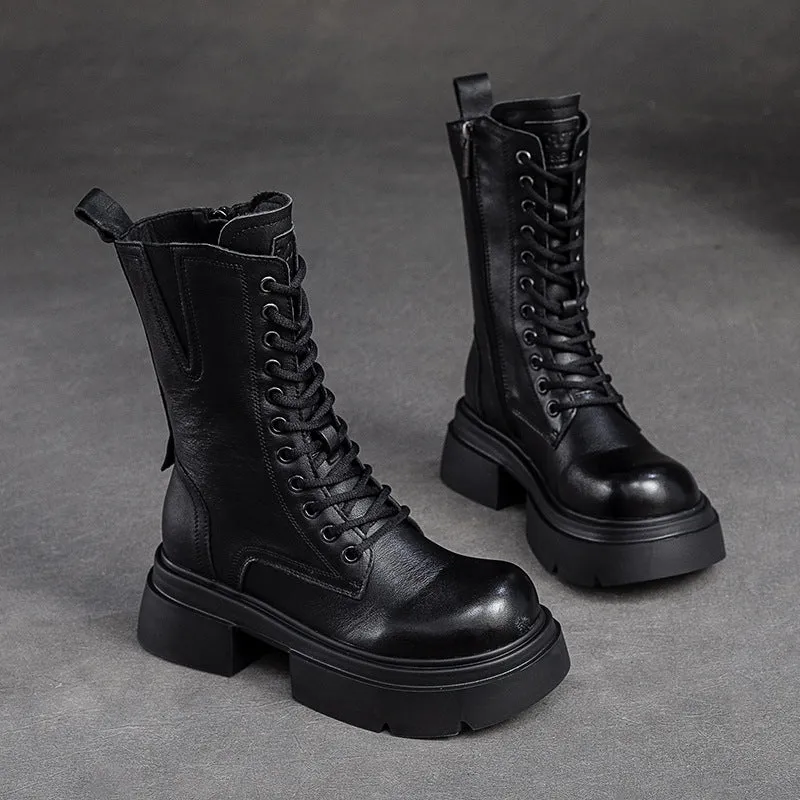 Women Retro Leather Chunky Platform Mid Calf Boots Hunter Crocodile Rain Boots