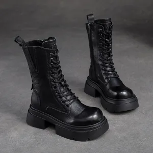 Women Retro Leather Chunky Platform Mid Calf Boots Western Rain Boots