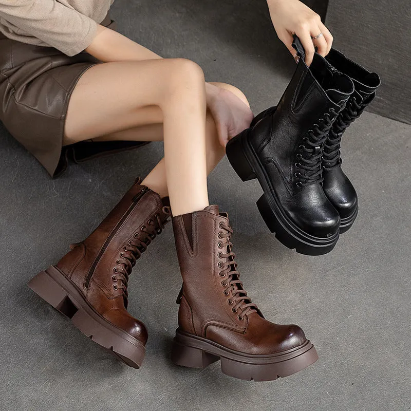 Women Retro Leather Chunky Platform Mid Calf Boots Custom Hunter Rain Boots