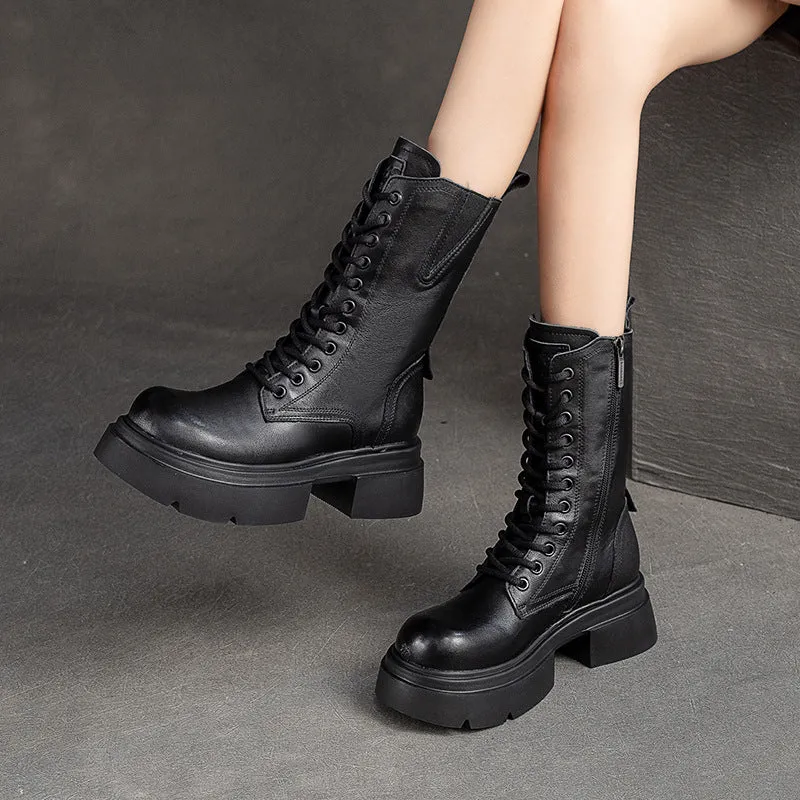 Women Retro Leather Chunky Platform Mid Calf Boots Best Rain Boot Liners