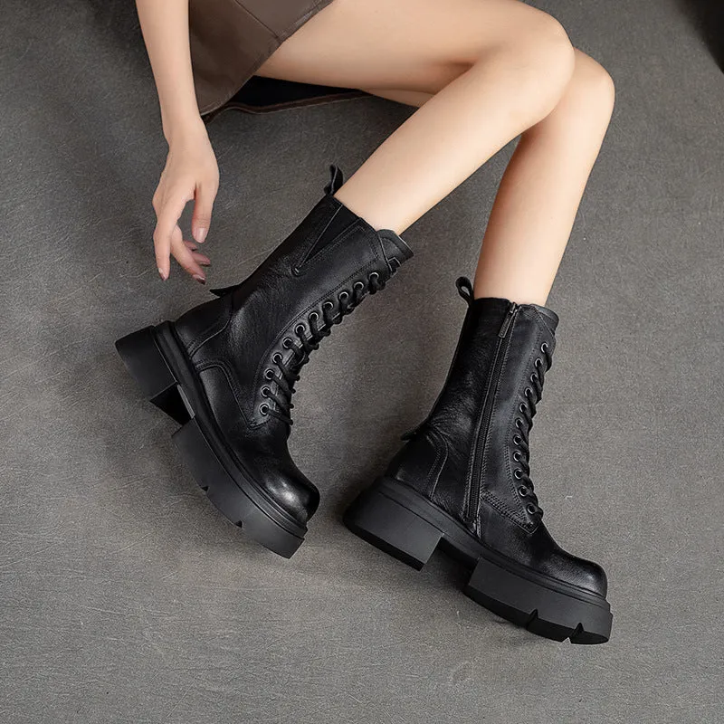 Women Retro Leather Chunky Platform Mid Calf Boots Dillards Coach Rain Boots