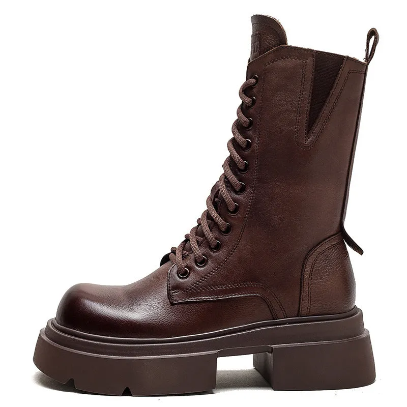 Cougar Celeste Rain Boot Women Retro Leather Chunky Platform Mid Calf Boots