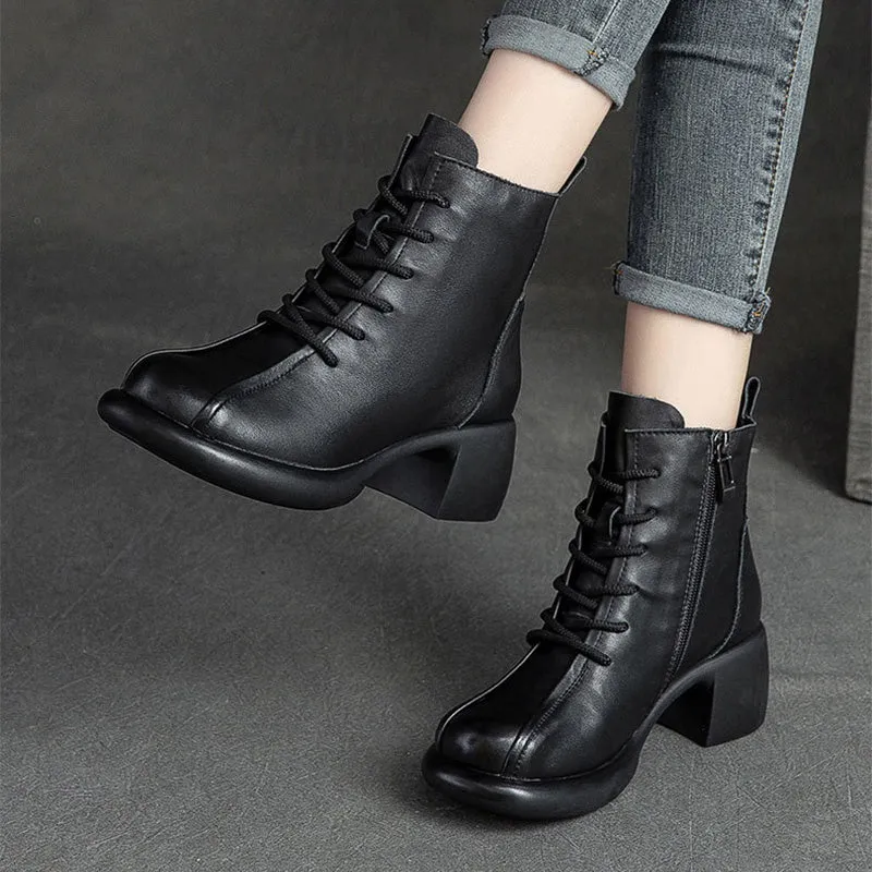 Granny Boots Women Retro Soft Leather Chunky Heel Boots