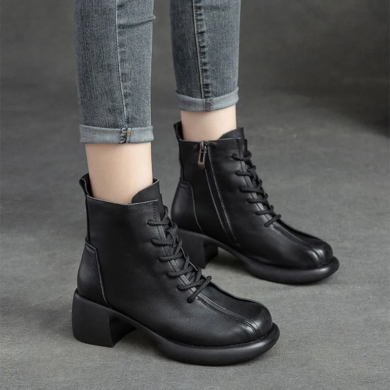 Caimen Boots Women Retro Soft Leather Chunky Heel Boots