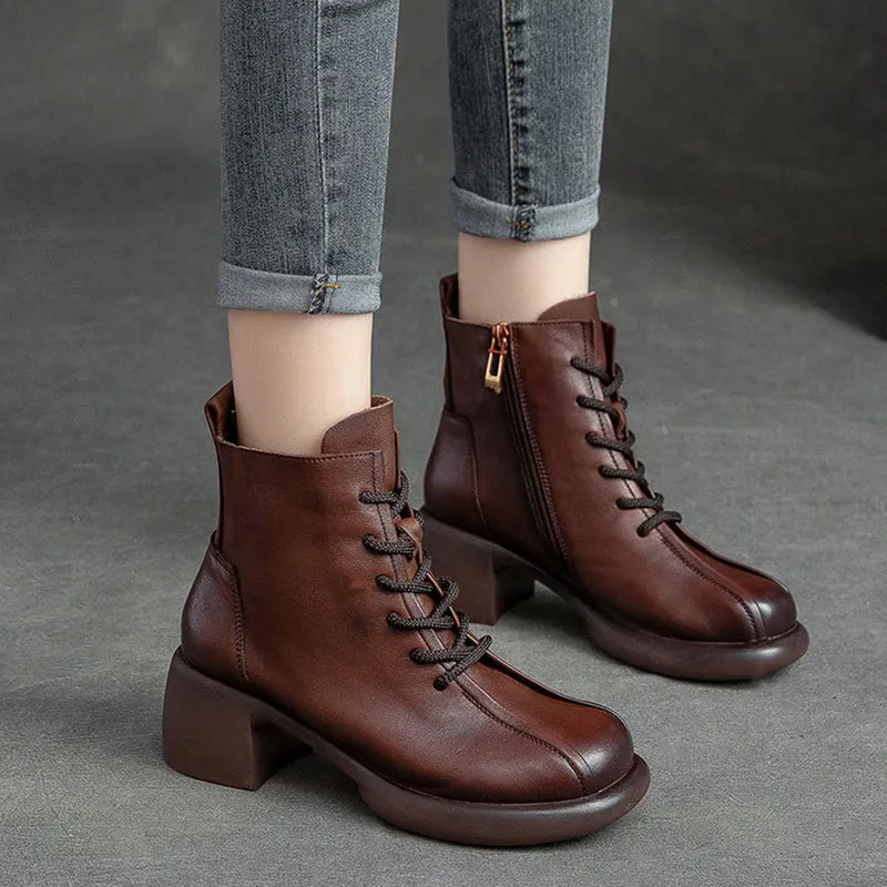 Women Retro Soft Leather Chunky Heel Boots Laidback London Boots