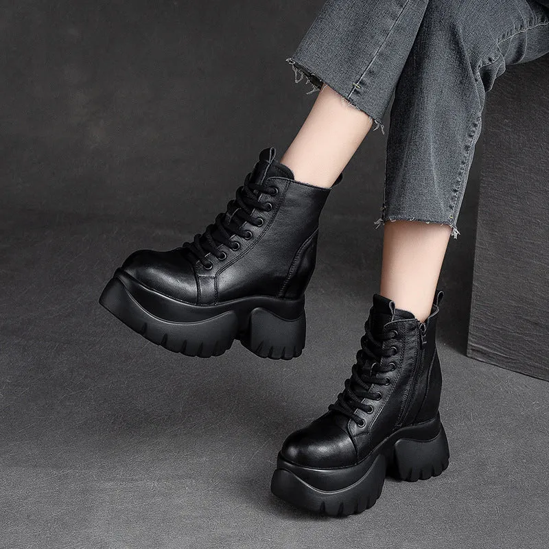 Women Retro Leather Minimalist Chunky Platform Boots Lightweight Safety Toe Boots