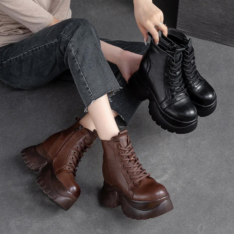 Women Retro Leather Minimalist Chunky Platform Boots Just Fab Boots
