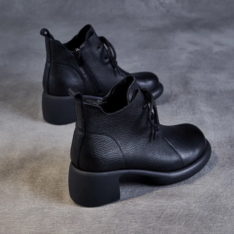 Women Handmade Soft Cowhide Chunky Heel Ankle Boots Rain Boots Snow